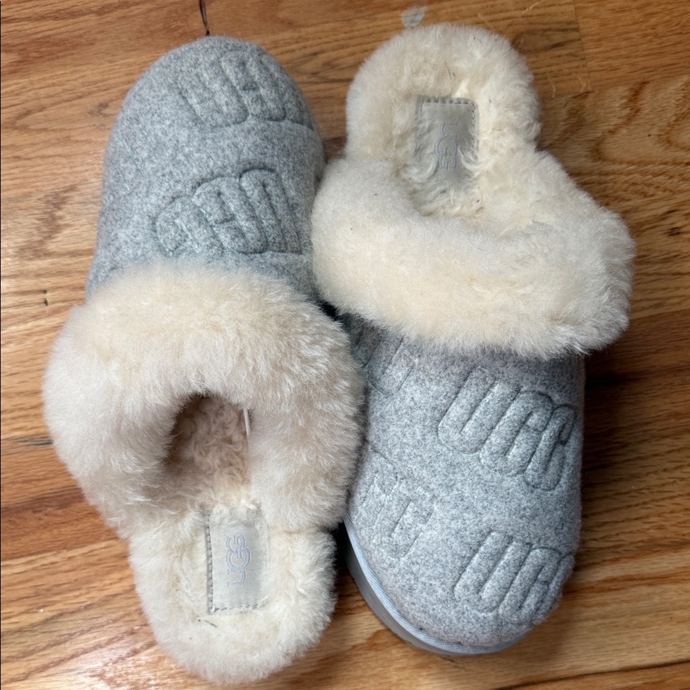 UGG Light Gray and Cream Shearling Slippers